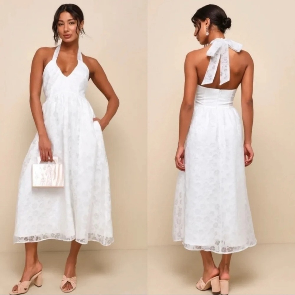 ❗️Lulus Delicate Sweetness White Floral Burnout Midi Dress With Pockets​